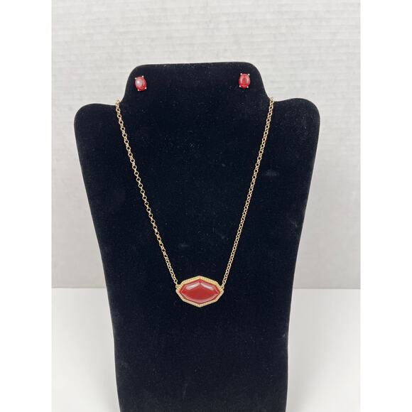 Mia Collection Goldtone Necklace and Earrings Jewelry Set Burgundy Pendant 9 in - Picture 2 of 11